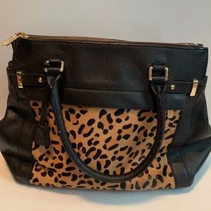 Black Leather Shoulder Bag, Cheetah Print Calfskin